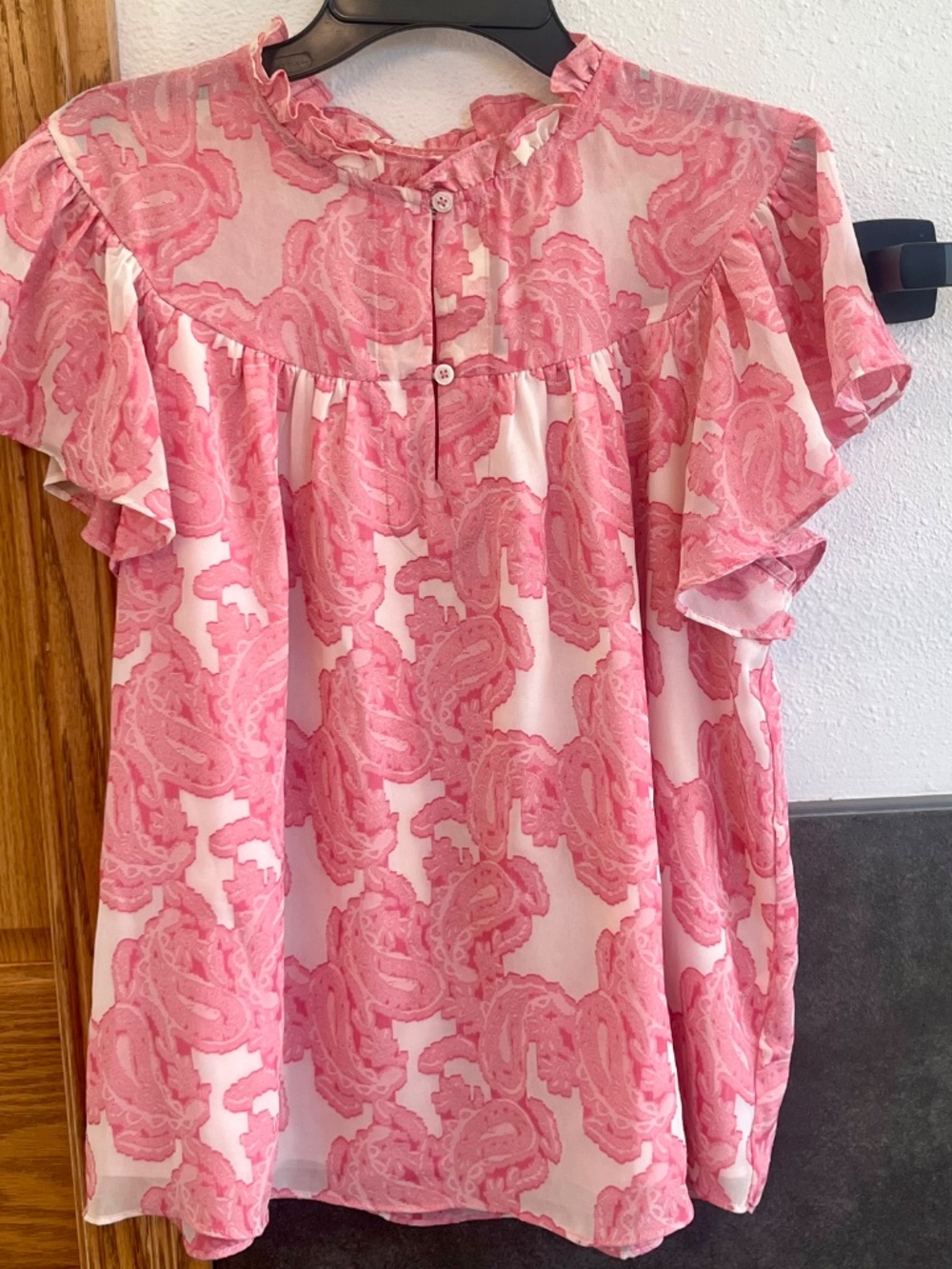 Current Air Pink Paisley Blouse Ruffle Neck Flutter Sleeve Romantic Top Small - Picture 2 of 8
